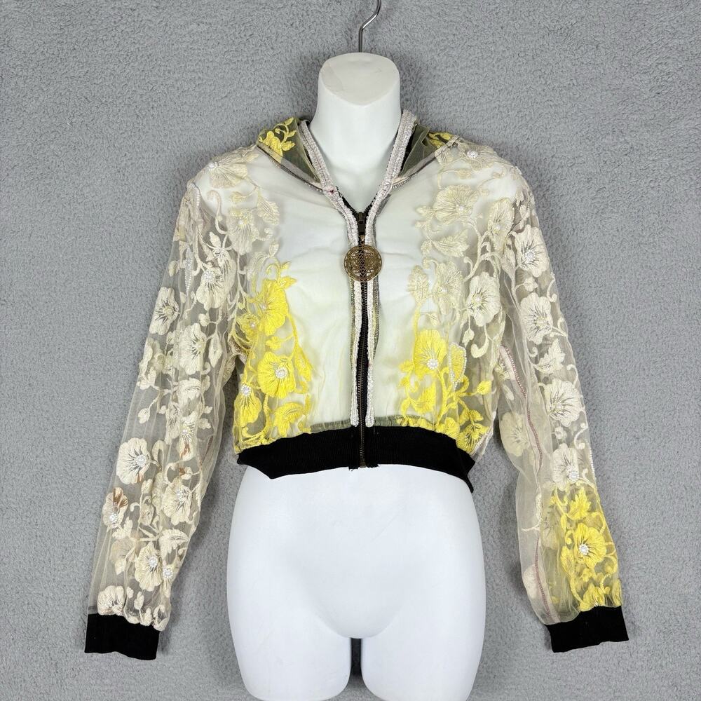 Noralina Freedom Mesh Hoodie Women’s S/M Ivory Yellow Floral Pearl Burning Man